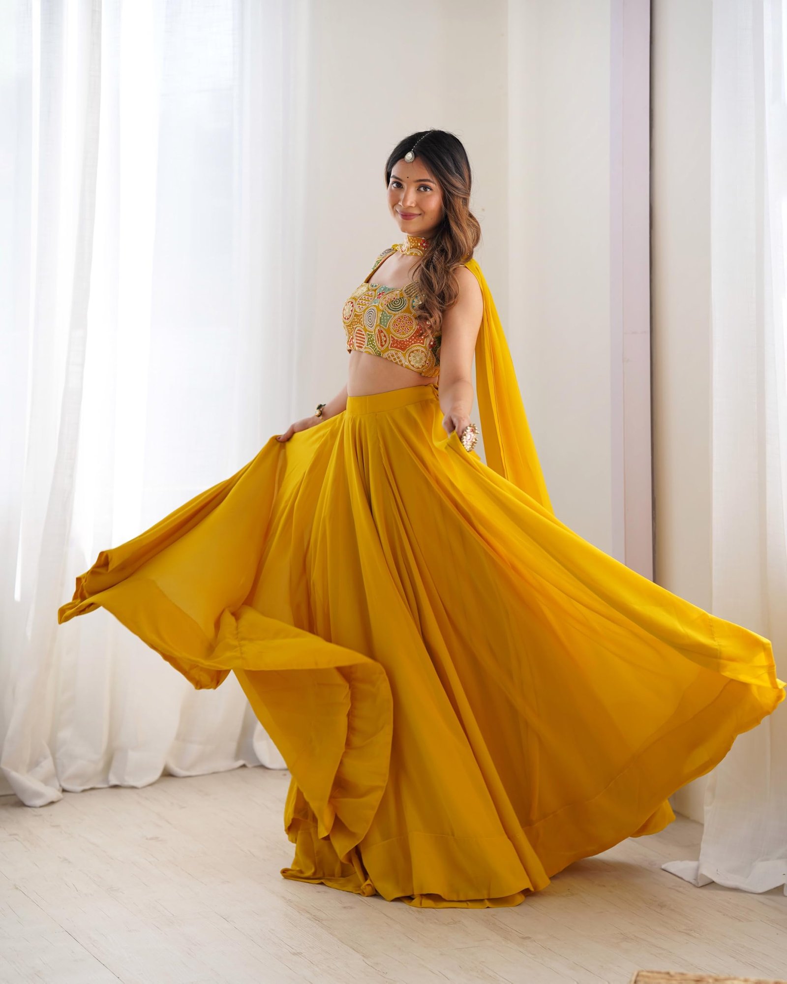 Women’s stitched Lehenga Choli Set with Dupatta | Festive Designer Outfit (Standard, Yellow) - Image 5