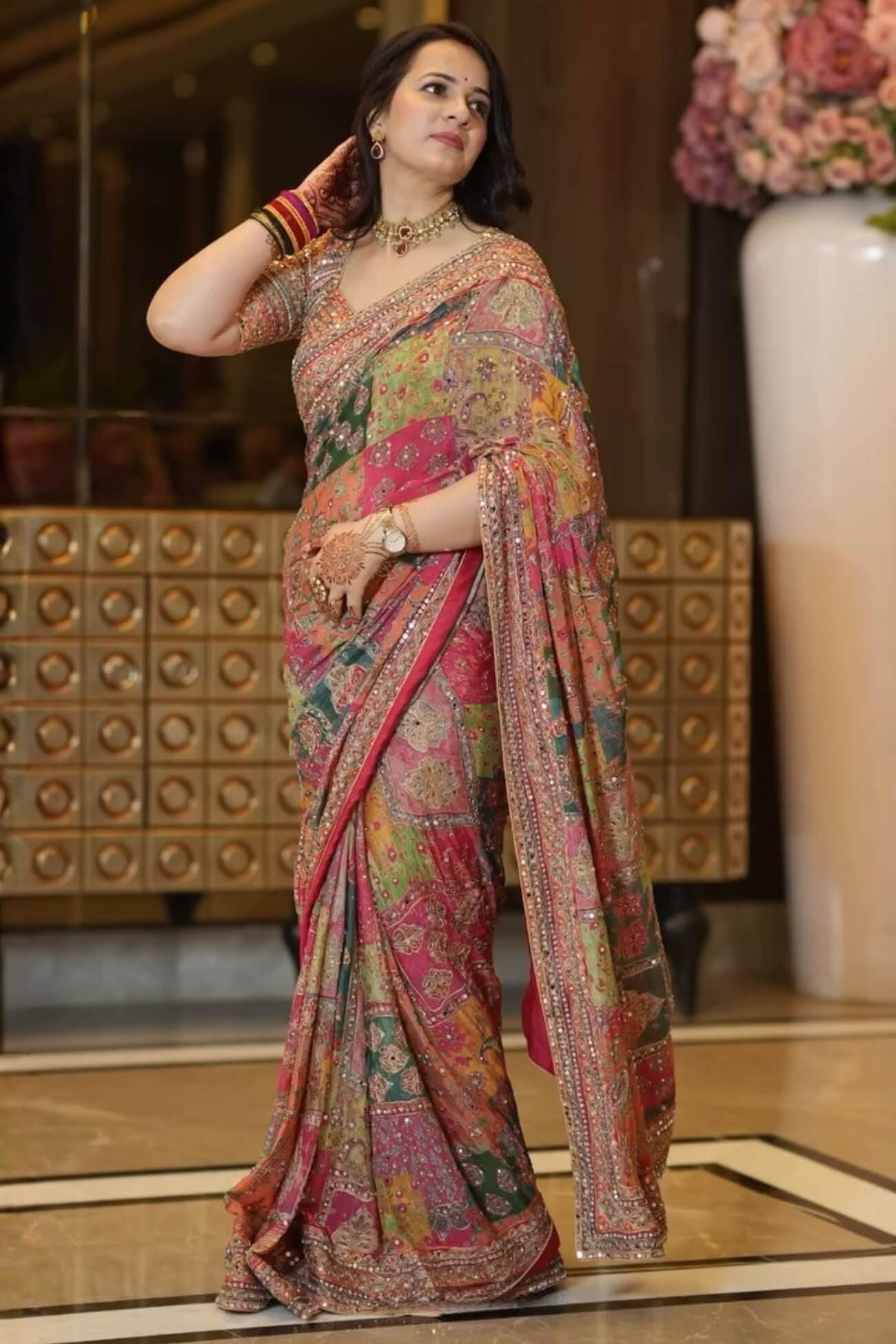 Women Printed Chinon Silk Saree with Zari Woven Mirror Work and Unstitched Blouse Piece - Image 5