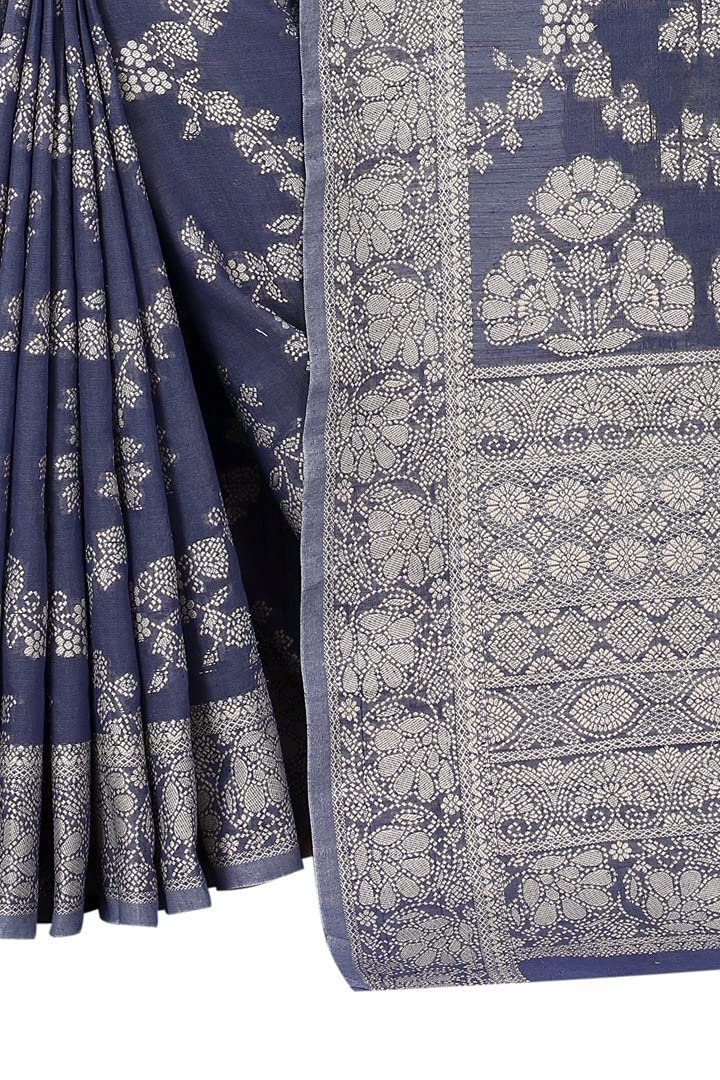 Women's Lucknowi Chikankari Linen Cotton Woven Sarees For Women With Blouse Sarees For Women - Blue - Image 2