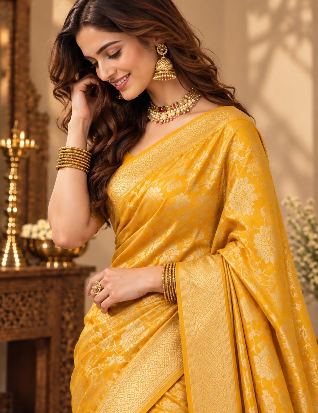 Womens Premium Kanjivaram Banarasi Soft Silk Saree with Exquisite All-Over Floral Zari Weaving and Rich Heavy Border | Traditional Designer Festive Wedding with Blouse Material - Image 4