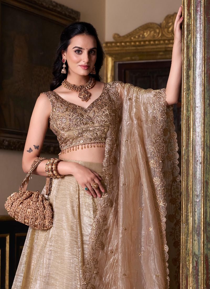 Women’s Cream Gold Crush Silk Zari Embroidery Work Semi Stiched Lehenga Choli - Image 3