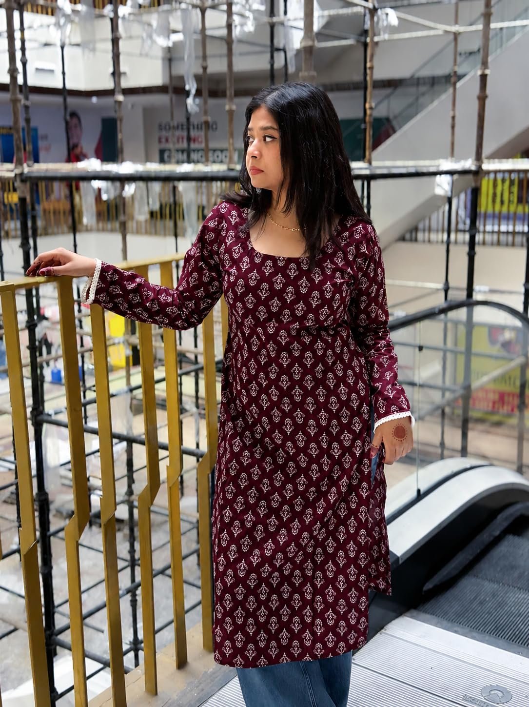 Rayon Long Kurti for Girls Printed Full Sleeve Wine - Image 3