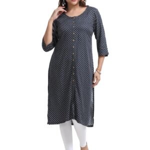 Women's Rayon Kurti - Navy Blue Printed Straight Kurta for Women - 3/4 Sleeve Ethnic Office Casual Tunic Top