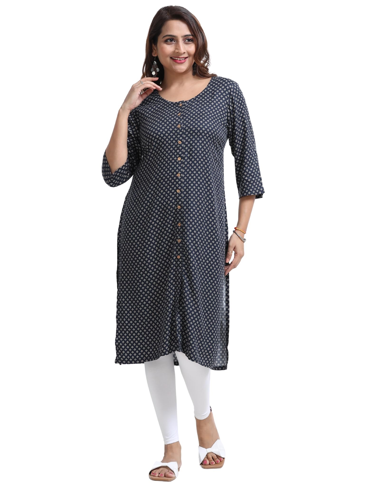 Women's Rayon Kurti - Navy Blue Printed Straight Kurta for Women - 3/4 Sleeve Ethnic Office Casual Tunic Top