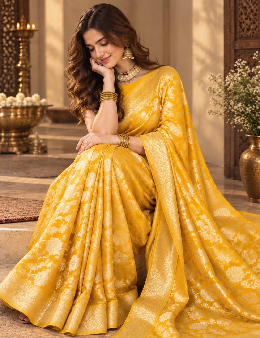 Womens Premium Kanjivaram Banarasi Soft Silk Saree with Exquisite All-Over Floral Zari Weaving and Rich Heavy Border | Traditional Designer Festive Wedding with Blouse Material - Image 3