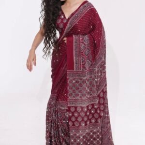 Ajrakh Modal Silk Saree for Women | Mirror Work Red Saree | Gajji Silk Black Pallu Tassels | Designer Sarees for Women Party | Ajrakh Print Saree | Modal Silk Sarees Original