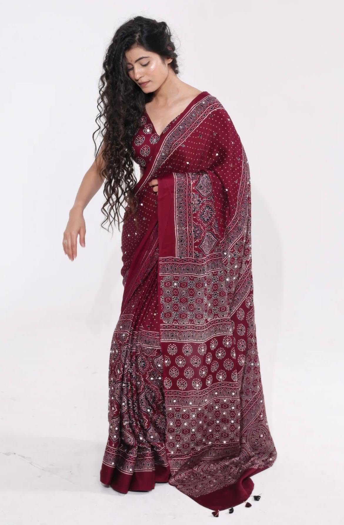 Ajrakh Modal Silk Saree for Women | Mirror Work Red Saree | Gajji Silk Black Pallu Tassels | Designer Sarees for Women Party | Ajrakh Print Saree | Modal Silk Sarees Original