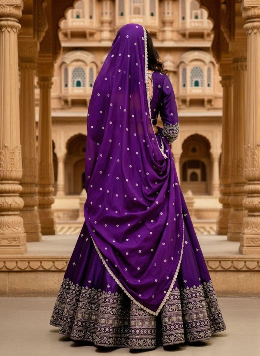 Women's Chinnon Sequins Embroidered Semi-Stitched Lehenga Choli With Dupatta Set (Purple Renuka) - Image 3