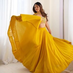 Women’s stitched Lehenga Choli Set with Dupatta | Festive Designer Outfit (Standard, Yellow)