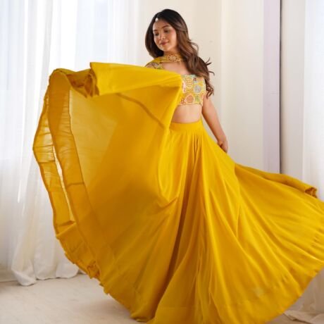 Women’s stitched Lehenga Choli Set with Dupatta | Festive Designer Outfit (Standard, Yellow)