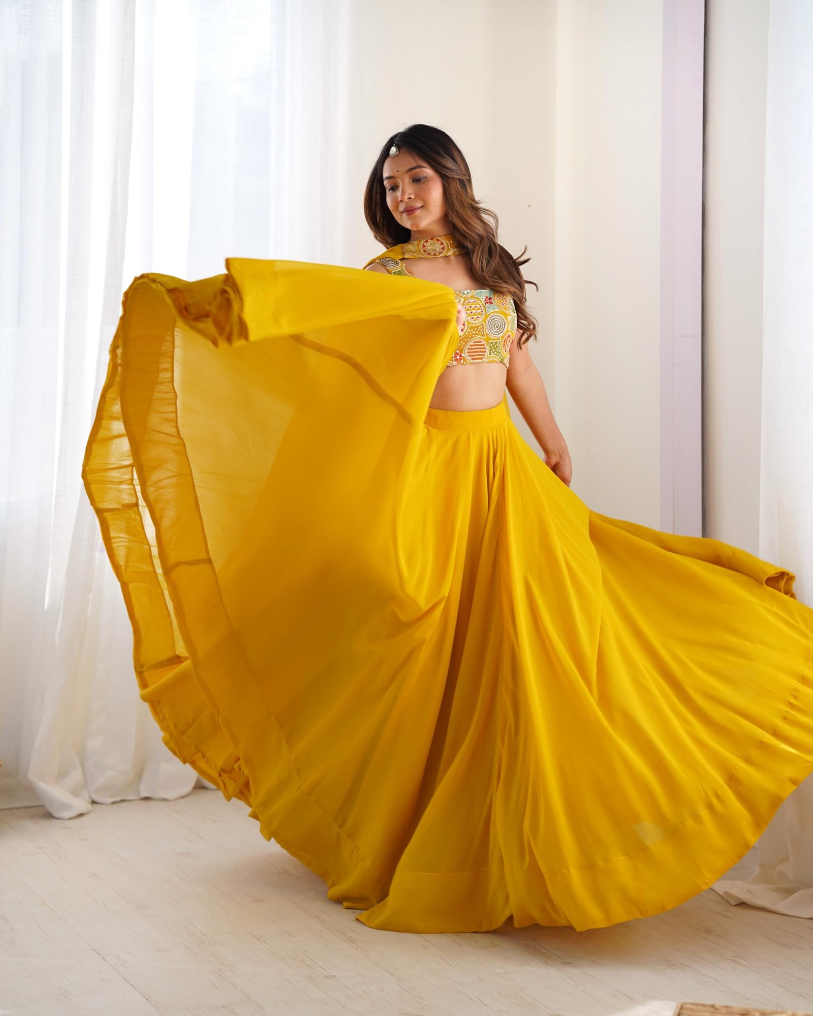 Women’s stitched Lehenga Choli Set with Dupatta | Festive Designer Outfit (Standard, Yellow)