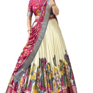 Women's Tussar Silk Lehenga Choli Set Semi-Stitched | Patola Print with Foil Work | Unstitched Blouse | Designer Ethnic Wear for Navratri, Wedding, Festival Prewedding Photoshoot (Cream)