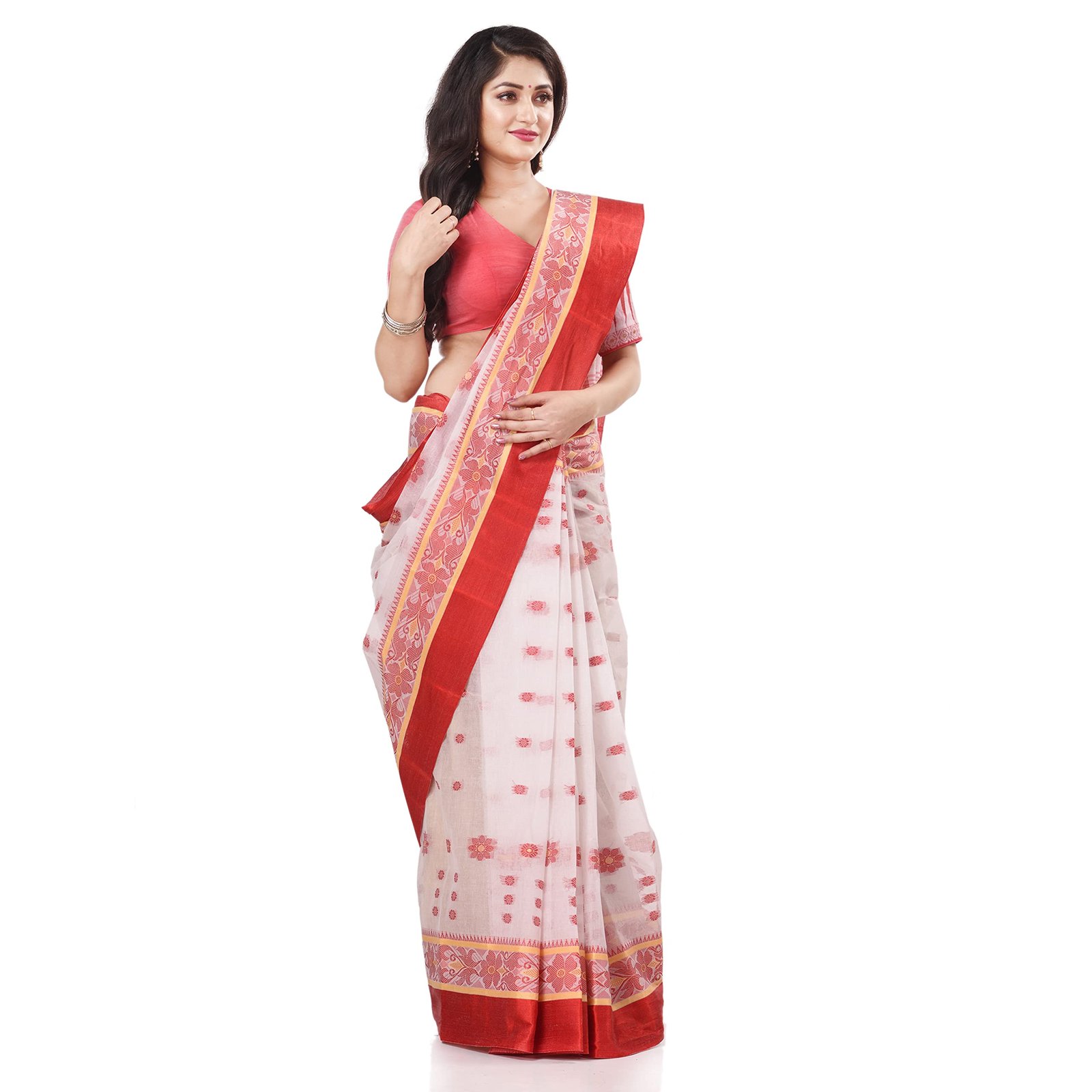 Women's Tant Cotton Saree Without Blouse Piece (Dbphulkoli060822_White Red) - Image 7