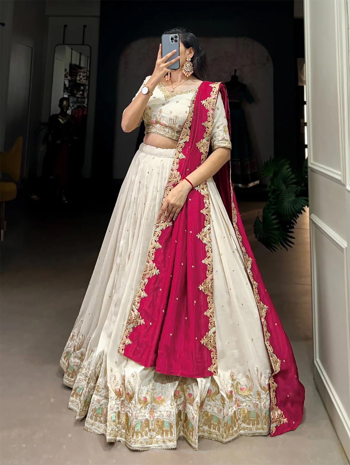 Women's Chinnon Traditional Motiff Semi-Stitched Lehenga Choli With Dupatta Set (Baarati 02) - Image 2