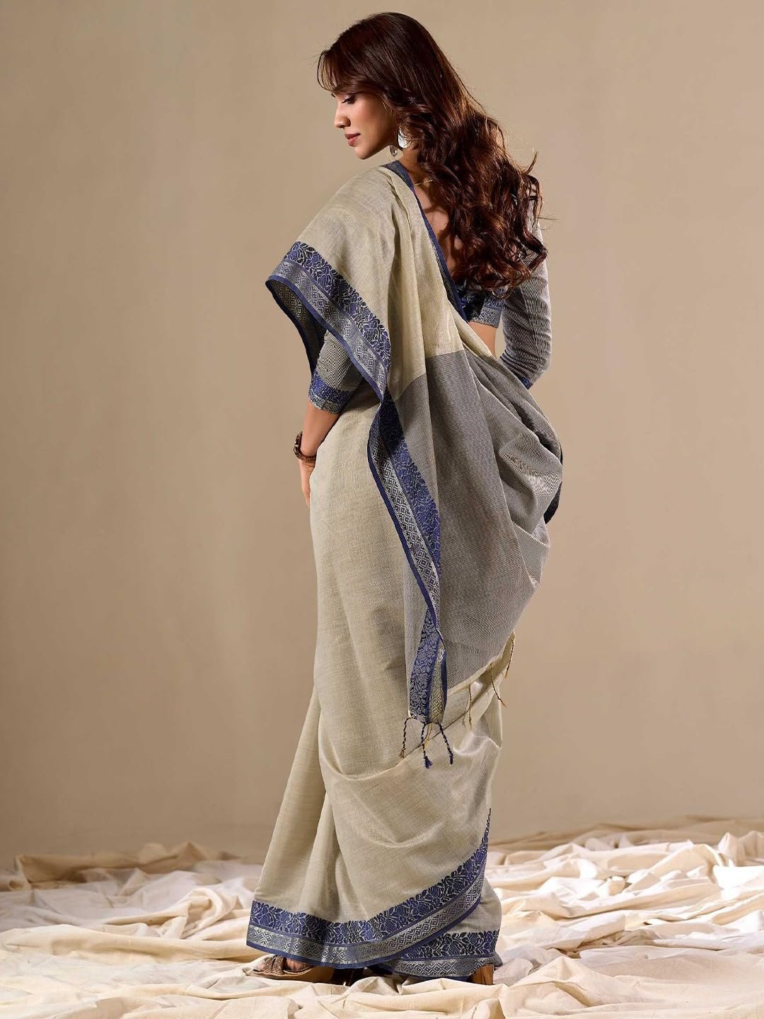Women's Cotton silk saree for Patola festival Wedding silk with blouse piece (GREY) - Image 3