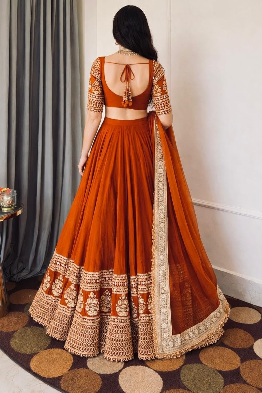 Women's Orange Designer Lehenga Choli with Dupatta | Georgette Embroidered Sequence Work Semi Stitched Wedding Lehenga for Women | Party Wear Festive Ethnic Outfit - Image 2