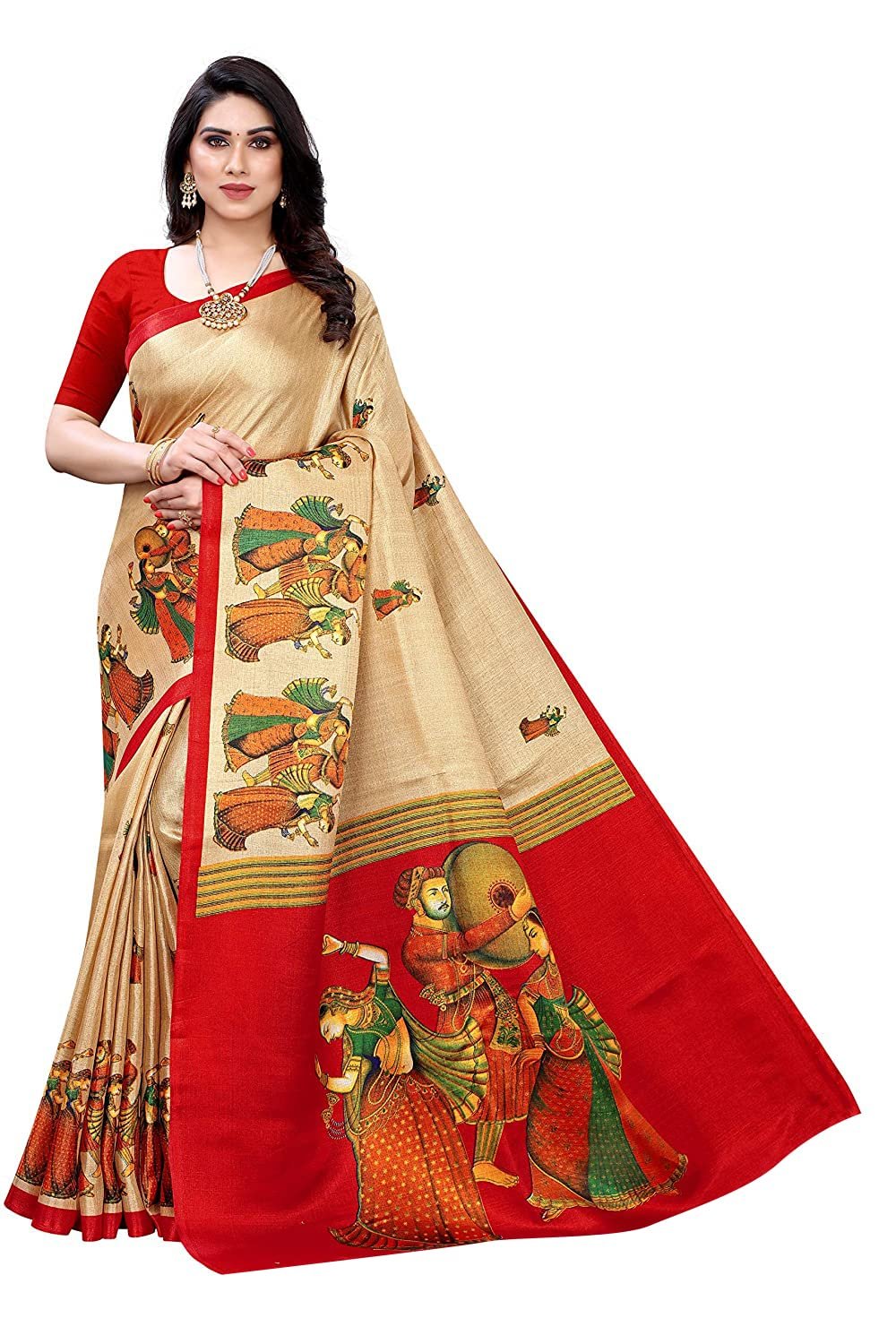 Womens Printed Art Silk Saree With Blouse Piece(RAJARANI CHICKU_Free Size)