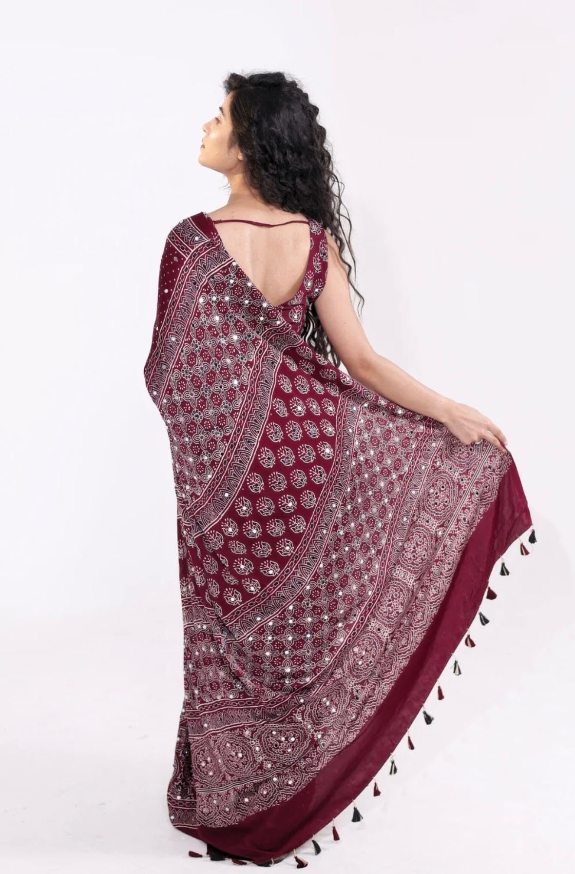 Ajrakh Modal Silk Saree for Women | Mirror Work Red Saree | Gajji Silk Black Pallu Tassels | Designer Sarees for Women Party | Ajrakh Print Saree | Modal Silk Sarees Original - Image 3