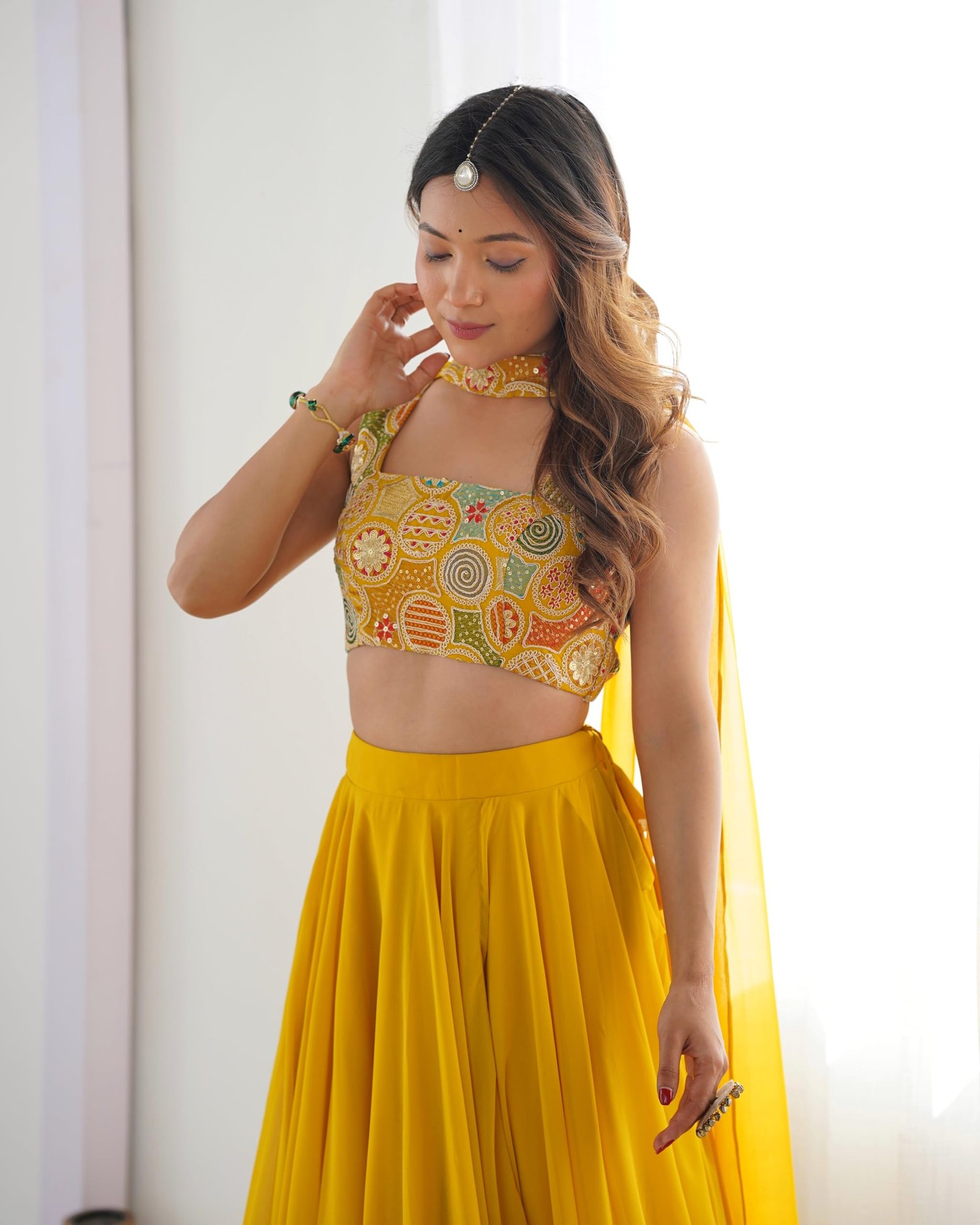 Women’s stitched Lehenga Choli Set with Dupatta | Festive Designer Outfit (Standard, Yellow) - Image 6