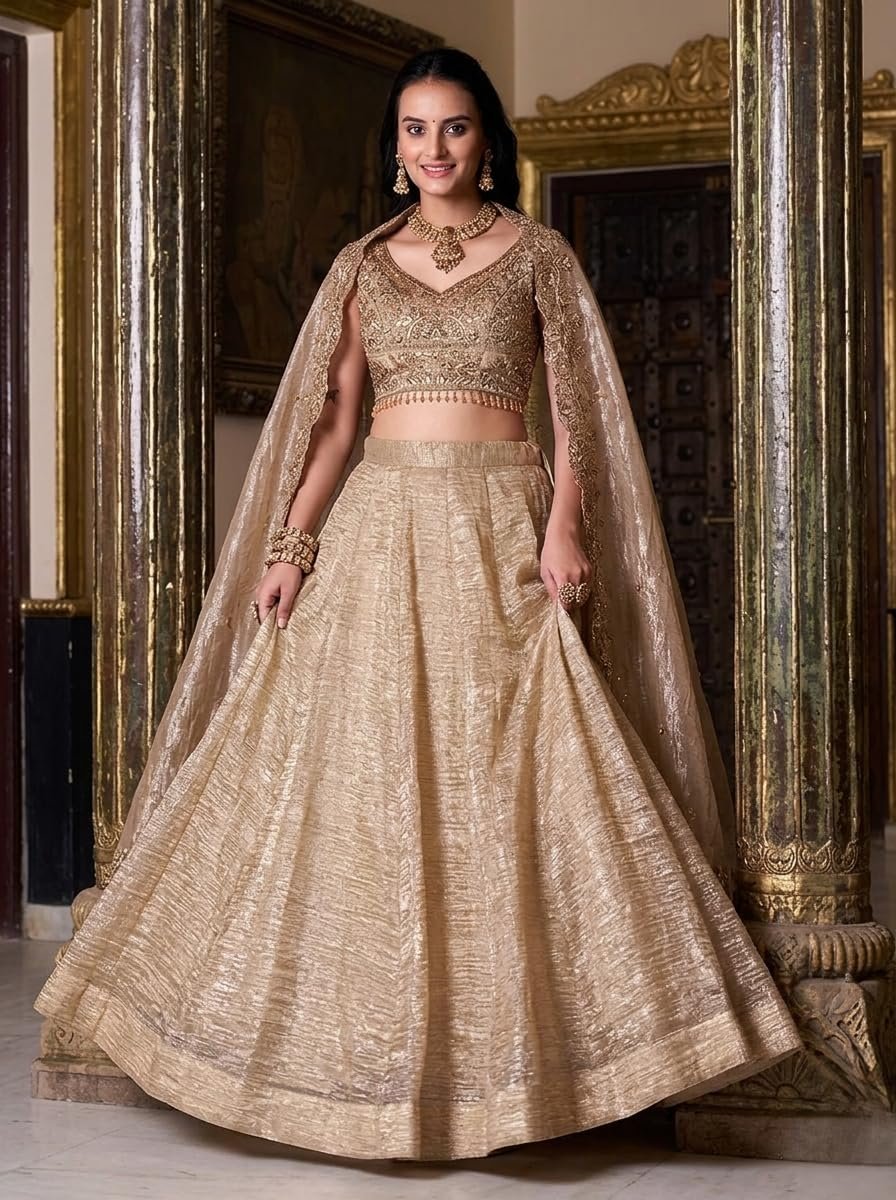 Women’s Cream Gold Crush Silk Zari Embroidery Work Semi Stiched Lehenga Choli - Image 6