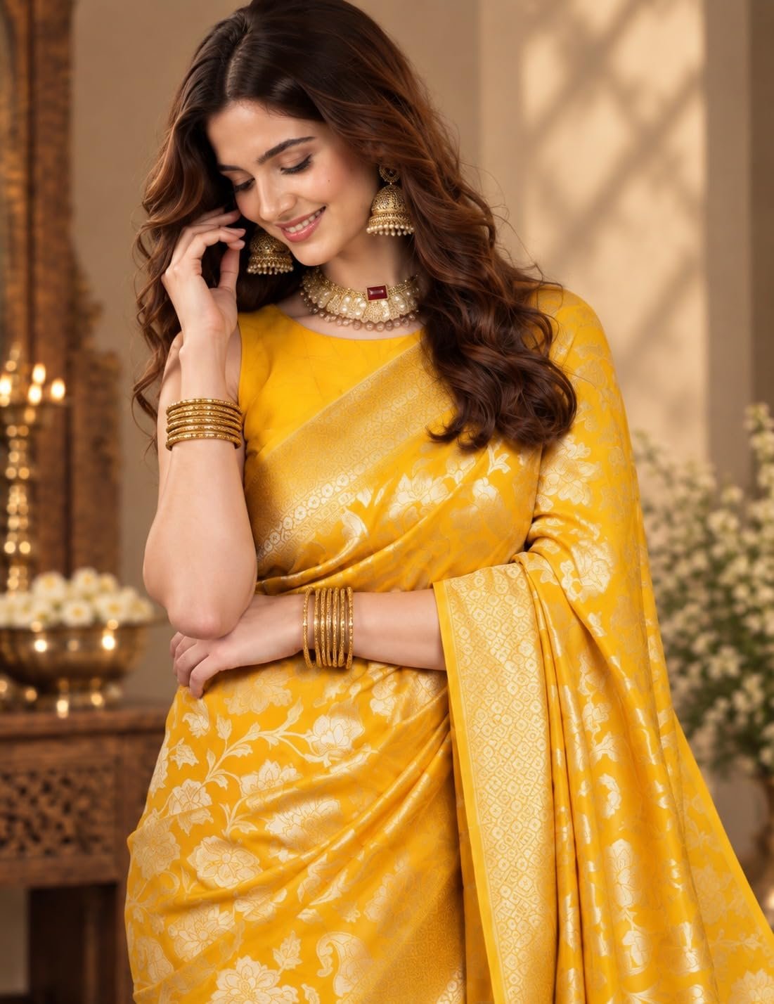 Womens Premium Kanjivaram Banarasi Soft Silk Saree with Exquisite All-Over Floral Zari Weaving and Rich Heavy Border | Traditional Designer Festive Wedding with Blouse Material - Image 2