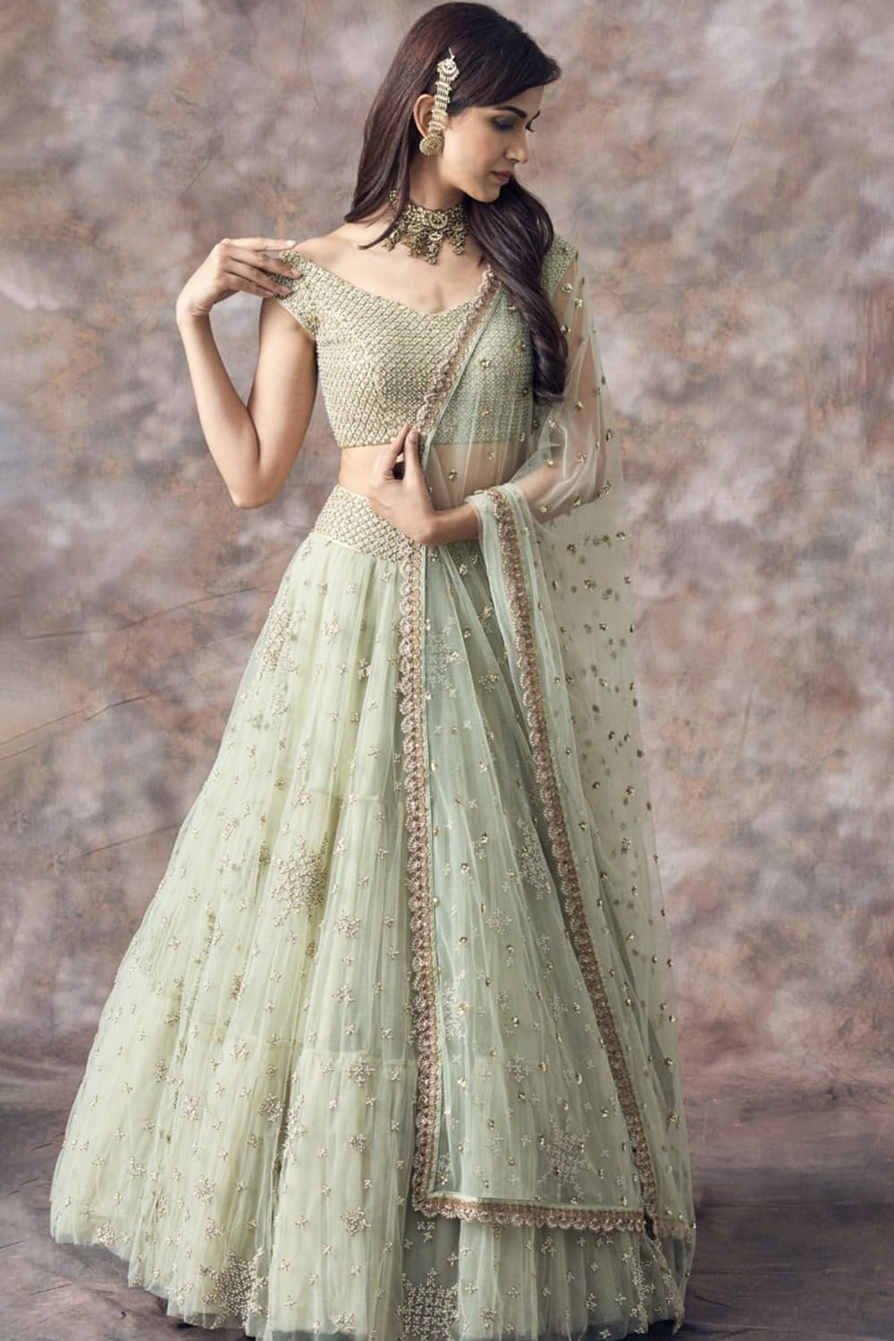 Pista Green Soft Net Embroidery Work Semi Sttiched Lehenga Choli Set For Women - Image 4