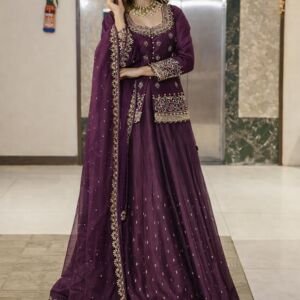 Women’s Chanderi Silk Embroidered Kurta Set with Lehenga Style Bottom & Dupatta | Bollywood Style Embroidery lehenga Choli Set For Woman