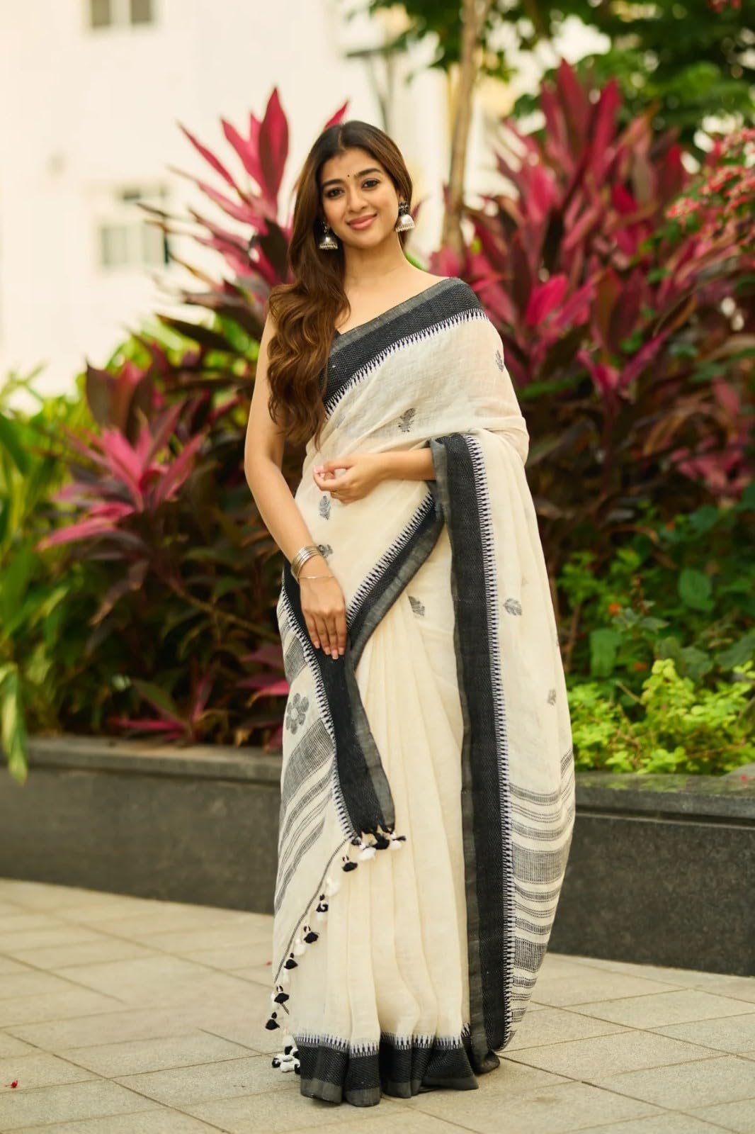 Women's Soft Linen Slab Sarees with Jaquard Work (Unstitched Blouse Piece,Off White And Black) - Image 2