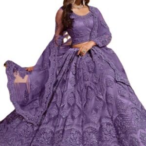 Women Lehenga Choli | Net Fabric Lehnega Choli and Dupatta | Round Neck Ethnic Outfit (Purple, Free)