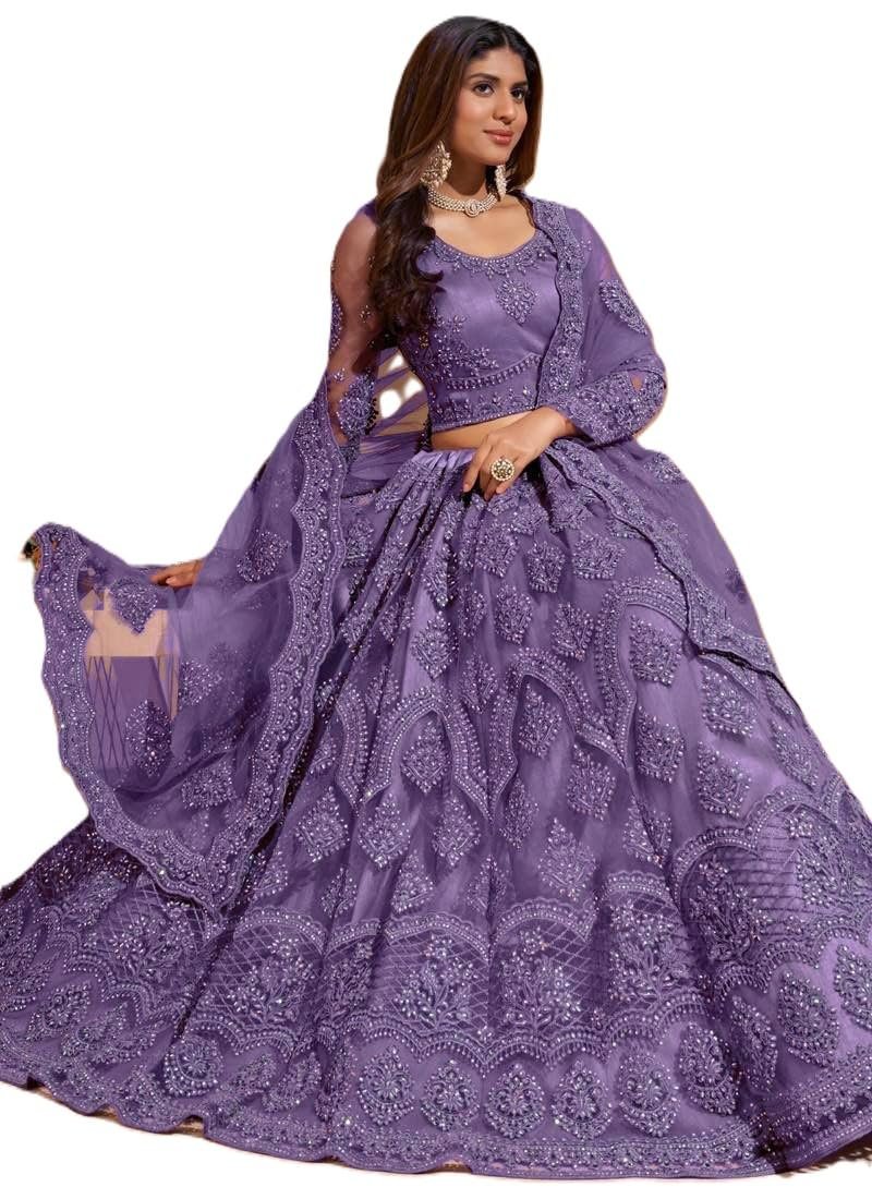 Women Lehenga Choli | Net Fabric Lehnega Choli and Dupatta | Round Neck Ethnic Outfit (Purple, Free)