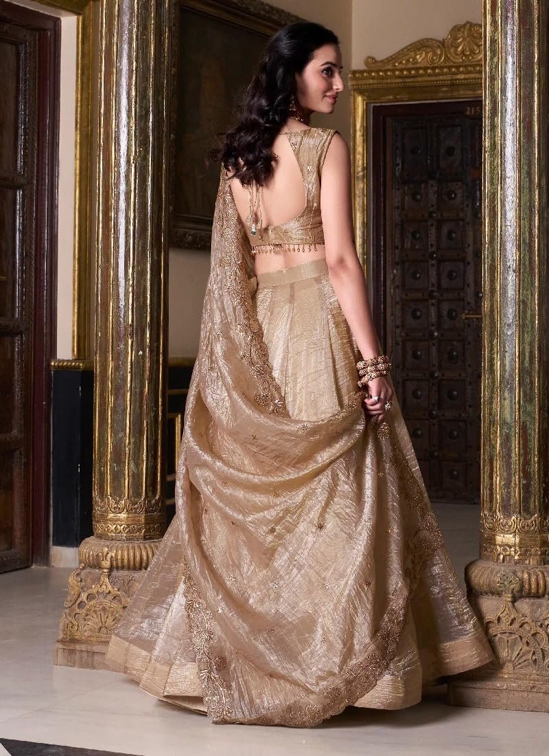 Women’s Cream Gold Crush Silk Zari Embroidery Work Semi Stiched Lehenga Choli - Image 5