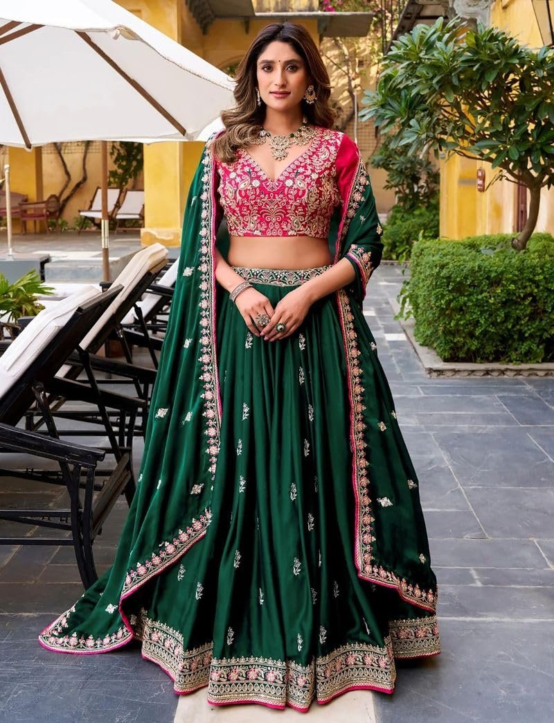 Women's Embroidered Semi-Stitched Lehenga Choli with Dupatta | Dark Green Flared Lehenga & Pink Designer Blouse | Wedding - Image 4