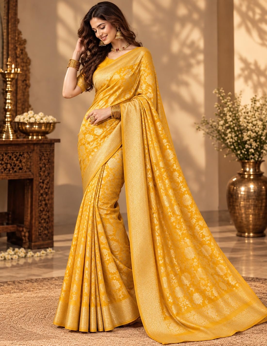 Womens Premium Kanjivaram Banarasi Soft Silk Saree with Exquisite All-Over Floral Zari Weaving and Rich Heavy Border | Traditional Designer Festive Wedding with Blouse Material - Image 6