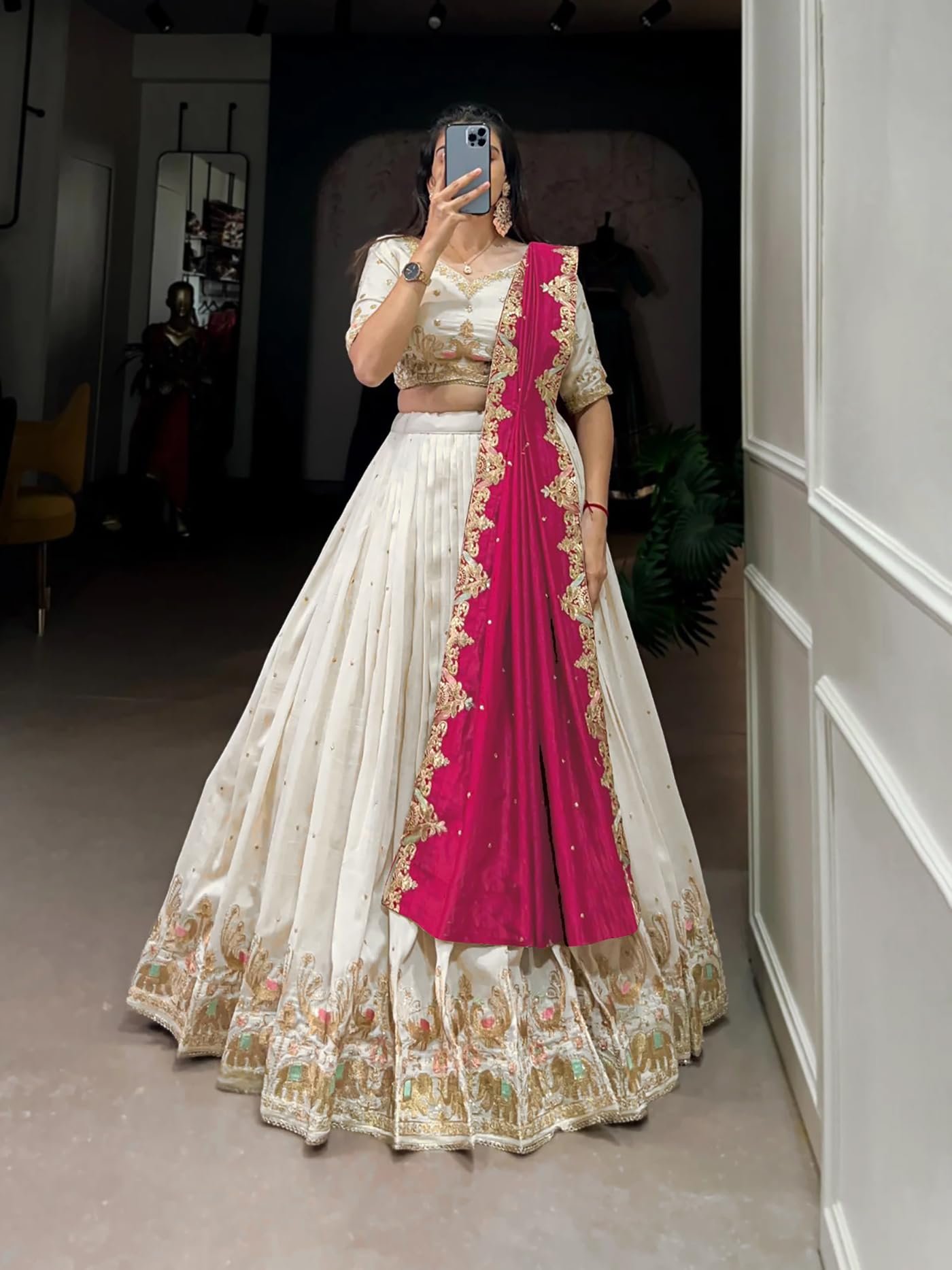 Women's Chinnon Traditional Motiff Semi-Stitched Lehenga Choli With Dupatta Set (Baarati 02) - Image 5