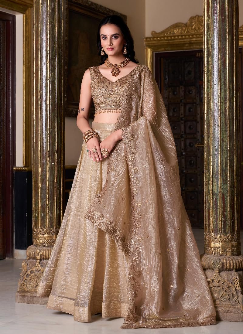 Women’s Cream Gold Crush Silk Zari Embroidery Work Semi Stiched Lehenga Choli - Image 2