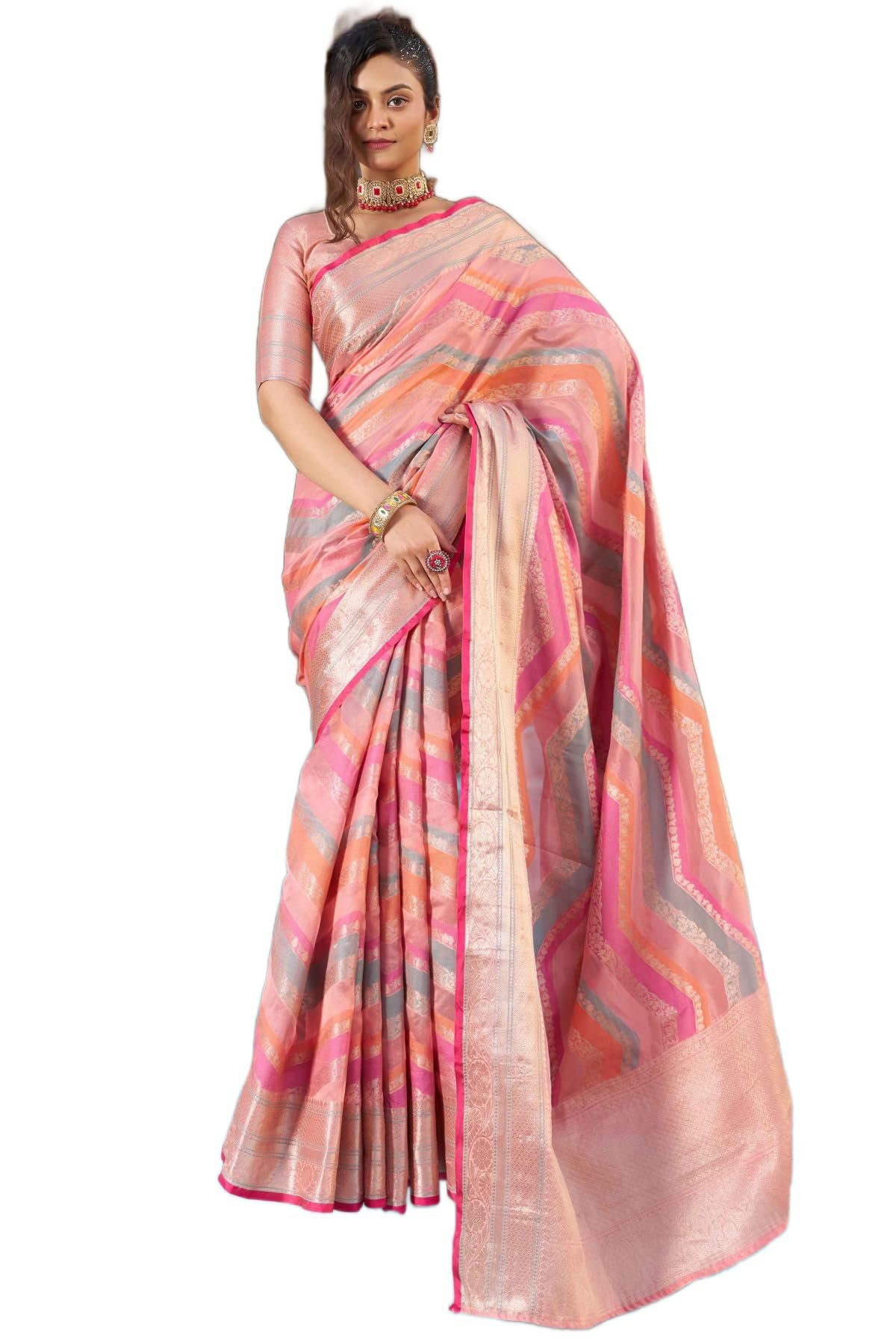 Womens Kanjivaram Banarasi Silk Saree Patola saree with Unstitched blouse piece (PEACH)