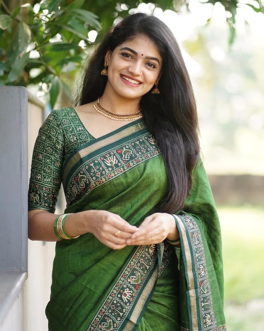 Woven Kanjivaram Printed Malmal Cotton Jari Border Saree (Available in 12 colours/designs) (Light Green) - Image 2