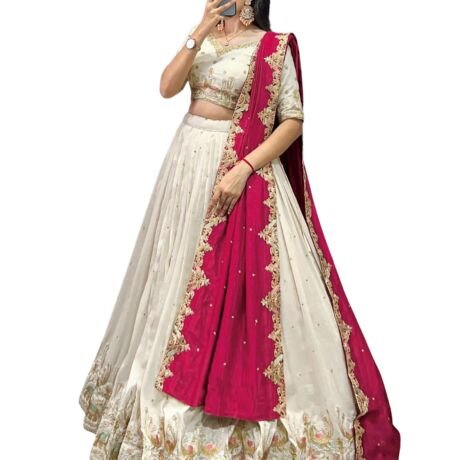 Women's Chinnon Traditional Motiff Semi-Stitched Lehenga Choli With Dupatta Set (Baarati 02)