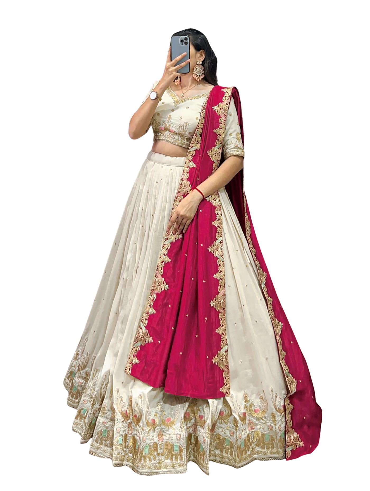 Women's Chinnon Traditional Motiff Semi-Stitched Lehenga Choli With Dupatta Set (Baarati 02)