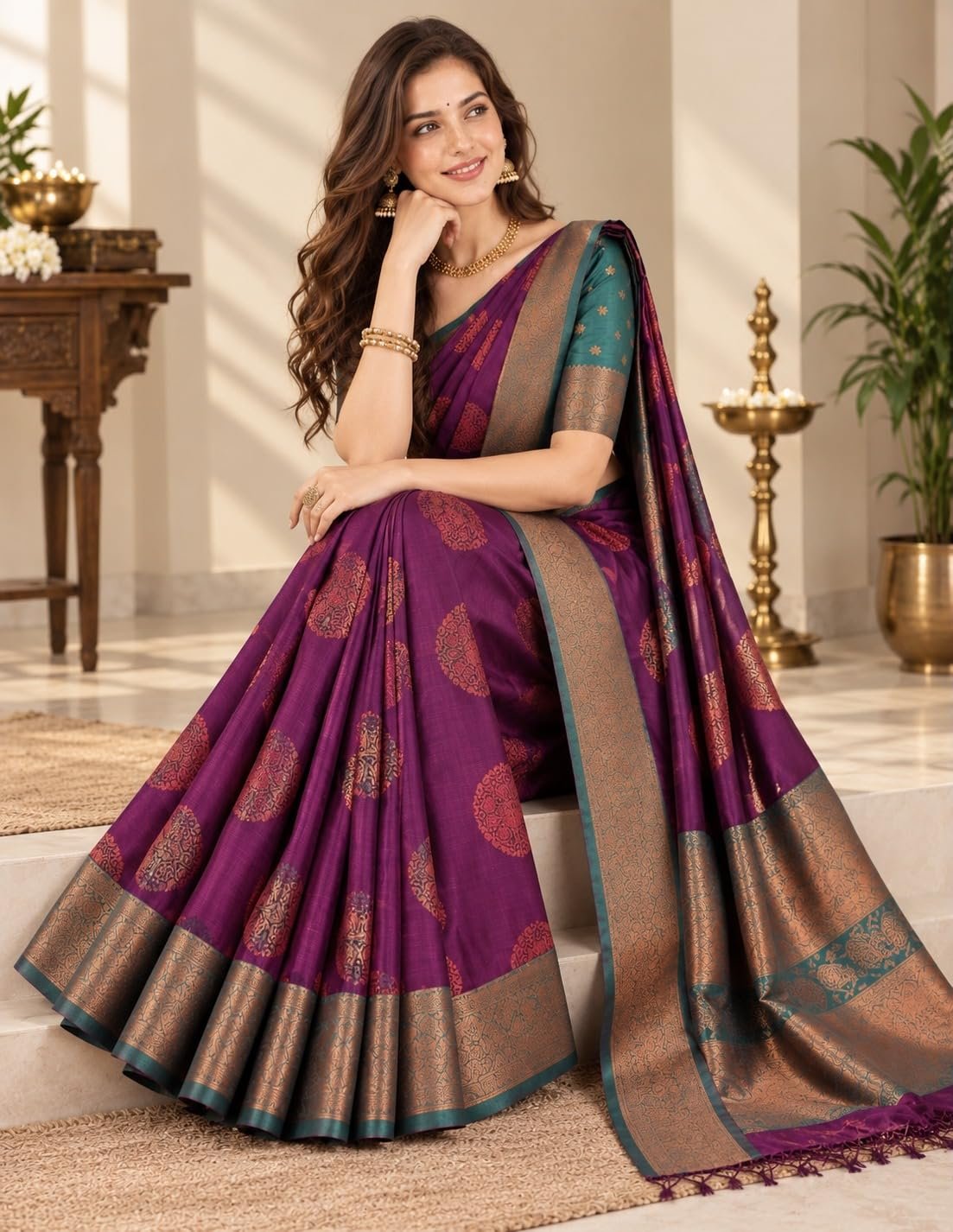 Womens Premium Kanjivaram Banarasi Soft Silk Saree with Rich Woven Zari Butti and Heavy Contrast Border | Traditional Designer Festive, Wedding, Bridal and Party| With Blouse Material - Image 4