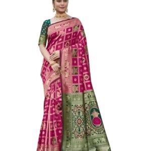 Women's Banarasi Kanjivaram Silk Woven Saree | Animal Printed Patola Silk Saree for Women (AZ-YS-OG-HOUSEFUL PINK)
