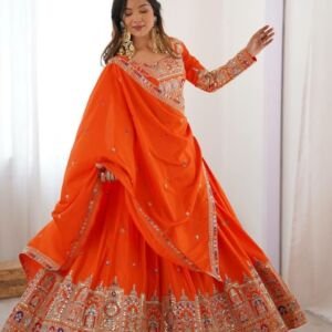 Women’s Embroidered Anarkali Lehenga Choli with Dupatta | Traditional Ethnic Wear for Wedding Occasions (Orange, Semi-Stitched)