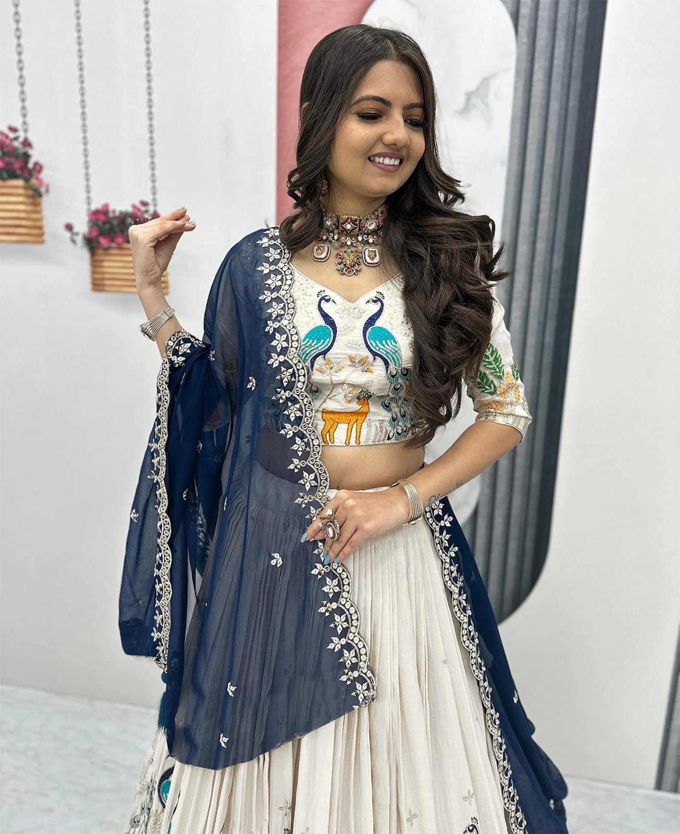 Women's Chinnon Traditional Motiff Semi-Stitched Lehenga Choli With Dupatta Set (Deer) - Image 4