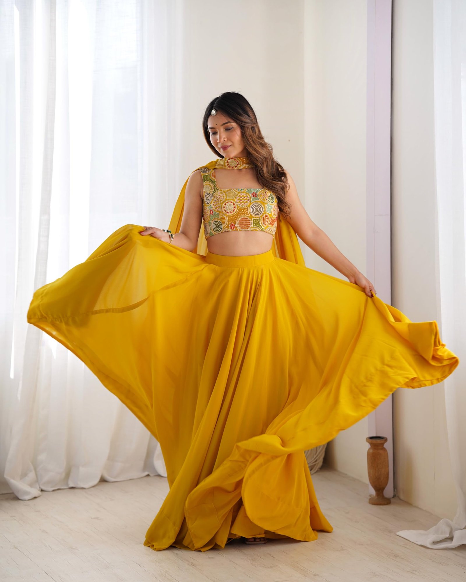 Women’s stitched Lehenga Choli Set with Dupatta | Festive Designer Outfit (Standard, Yellow) - Image 3