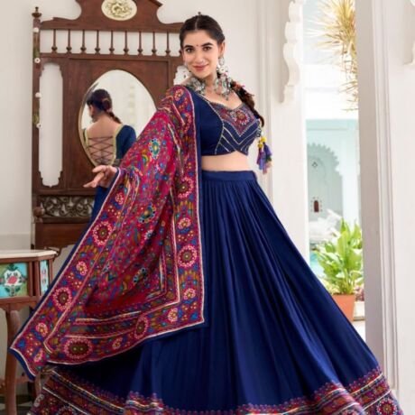 Women’s blue Dolla Silk Lehenga Choli with Printed Dupatta, Navratri Chaniya Choli for Women, Garba Dress, Wedding Party Wear Ethnic Lehenga Set
