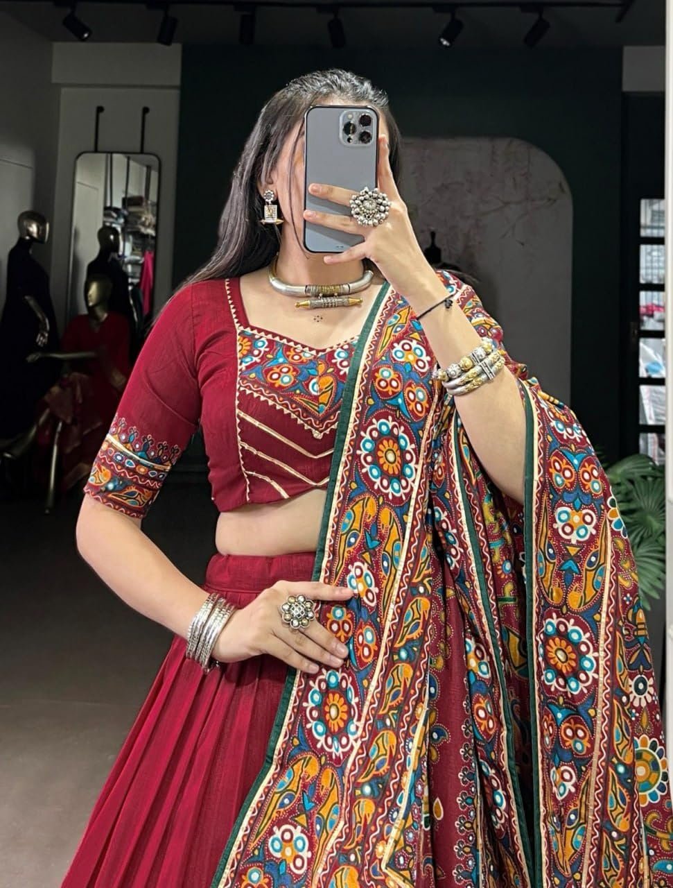 Maroon Lehenga Choli for Women, Chaniya Choli Set, Dolla Tussar Silk - Image 3