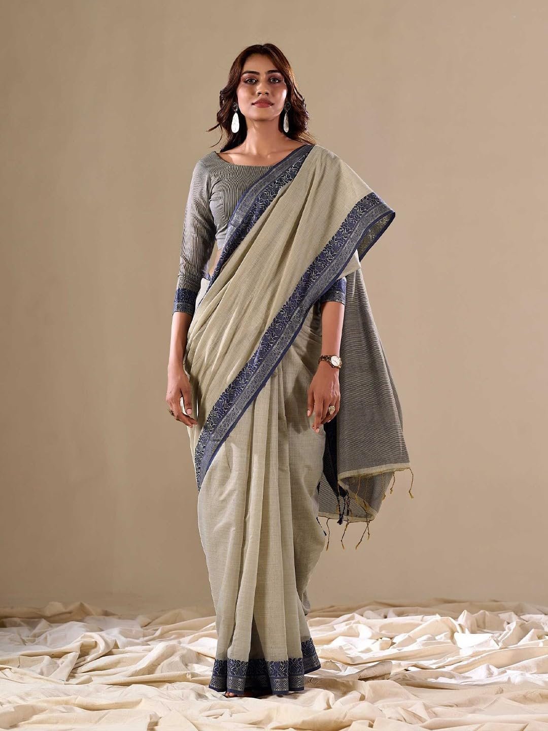 Women's Cotton silk saree for Patola festival Wedding silk with blouse piece (GREY) - Image 2