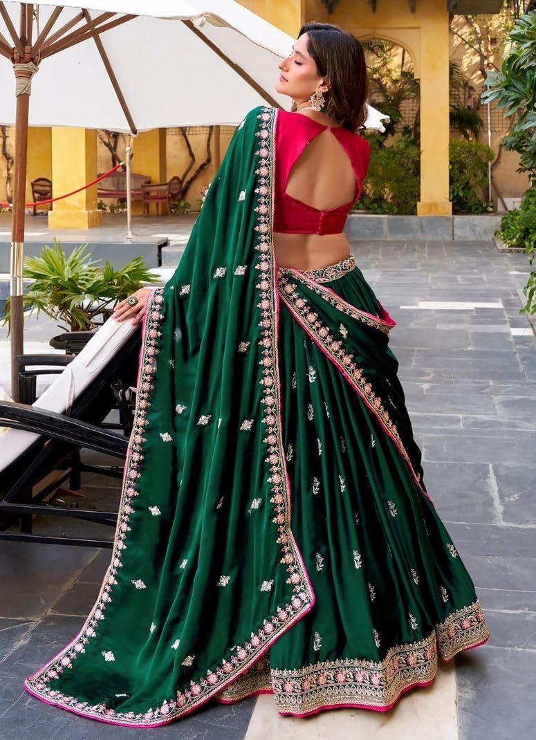 Women's Embroidered Semi-Stitched Lehenga Choli with Dupatta | Dark Green Flared Lehenga & Pink Designer Blouse | Wedding - Image 2