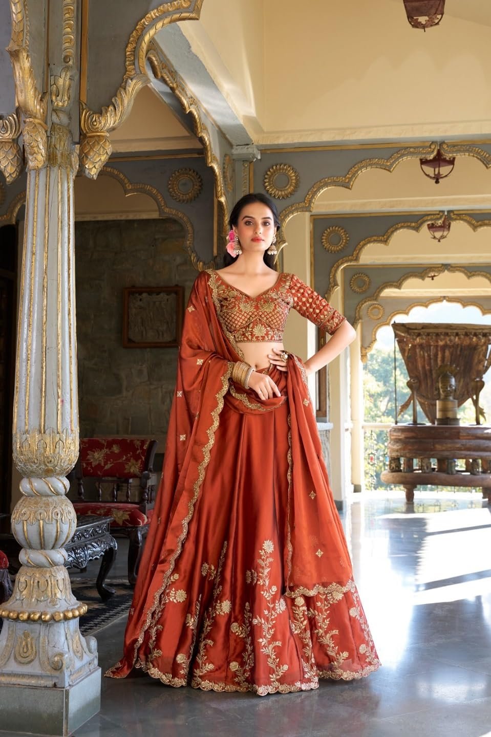 Women's Orange Sequence Embroidery Work Silk Semi-Sttiched Lehenga Choli-JH290ORG - Image 6