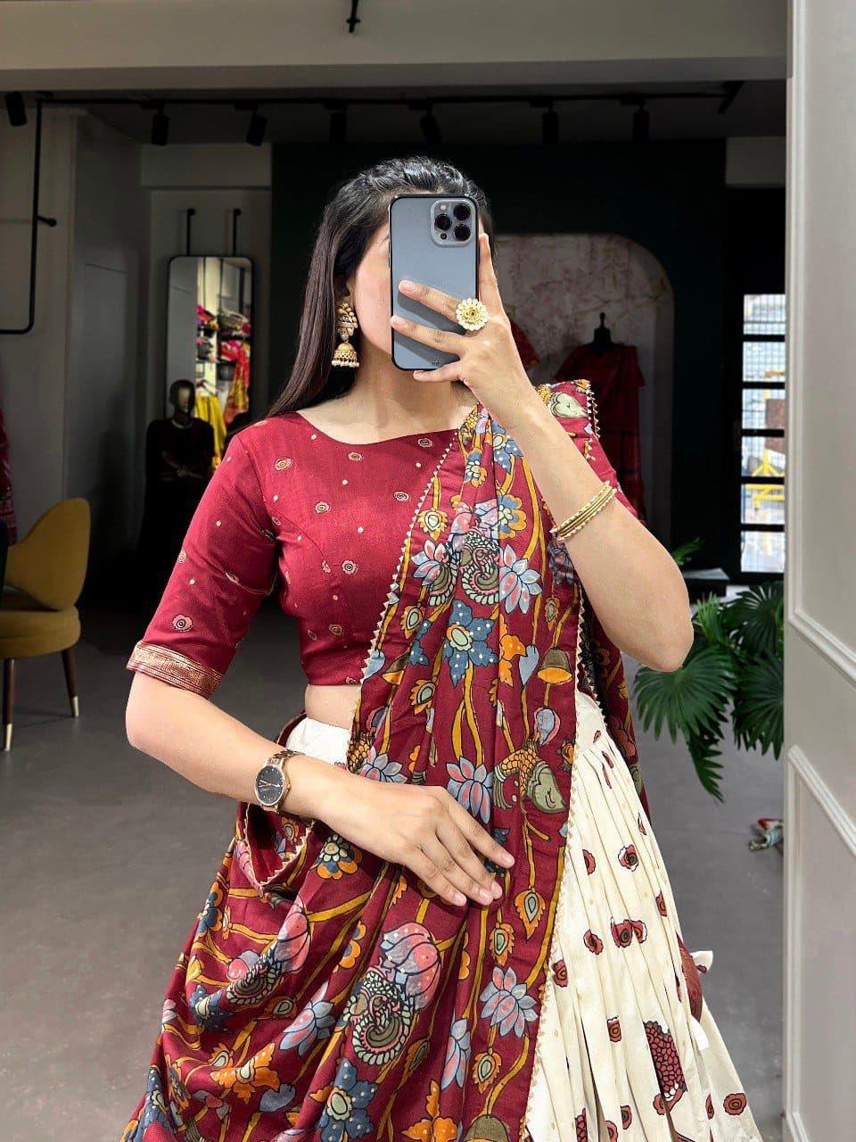 Women’s Pure Dolla Tusser Silk Chaniya Choli Set with Foil Print Work, Stitched Lehenga with 3 Meter Flair, Heavy Lining & Canvas Support, Unstitched Blouse Piece and Resham (Marron-White) - Image 2